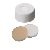 ND24 Screw Cap with 12.5mm hole (white) assembled with Septa Silicone/PTFE (natural/beige), 45° shore A, 3.2mm thick, pk.1000 - UltraBond