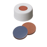 ND24 Screw Cap with 12.5mm hole (white) assembled with Septa Butyl Rubber/PTFE (red/grey), 55° shore A, 2.5mm thick, pk.1000
