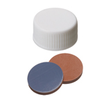 ND24 Screw Cap without hole (white) assembled with Septa Butyl Rubber/PTFE (red/grey), 55° shore A, 2.5mm thick, pk.1000